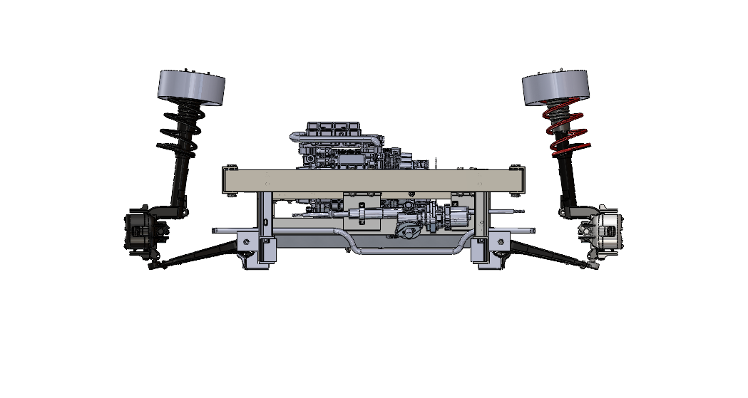 Front view of the ladder frame with laser-scanned donor struts, lower arms, steering rack and anti-roll bar packaged between the rails